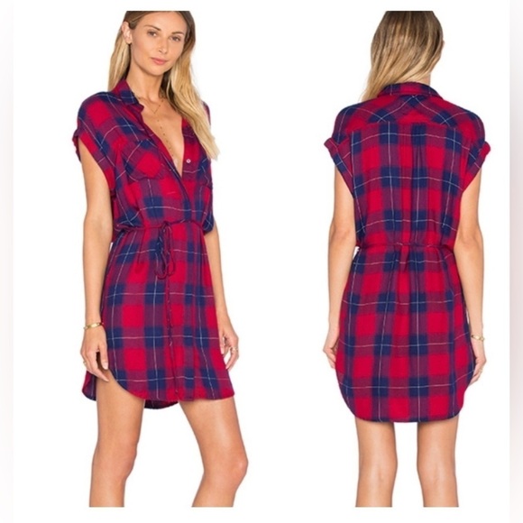 Rails Haley Flannel Plaid in Ruby and Navy Check Button Up Shirt Dress - Picture 1 of 14